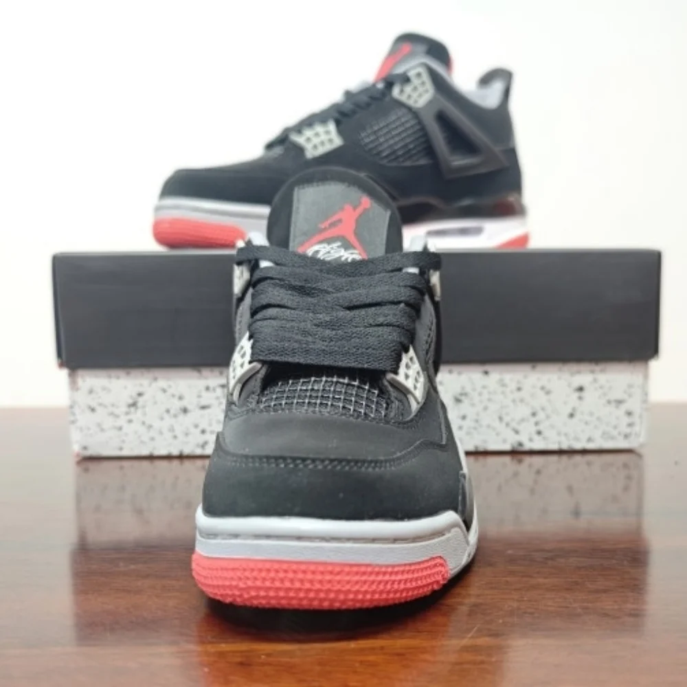 New With Box Men's Air Jordan 4 Bred (Black Fire Red Cement Grey)